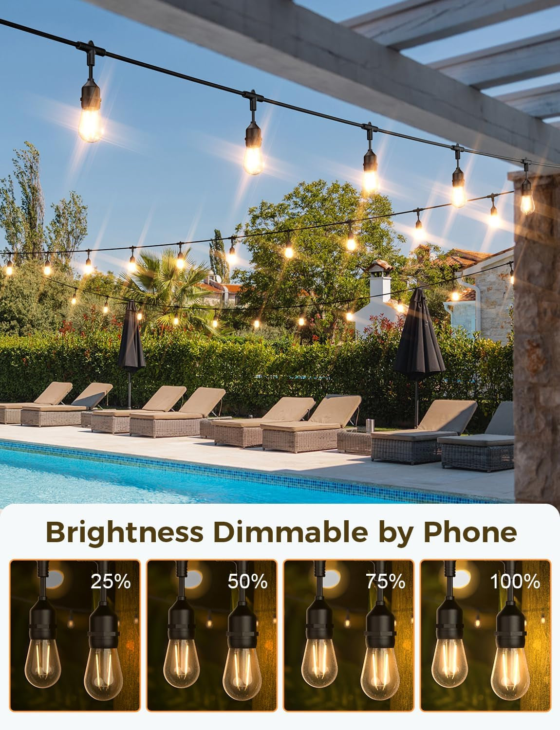 Outdoor String Lights, 98Ft Smart LED Patio Lights, Wifi Control, Compatible with Alexa, Waterproof Dimmable Edison String Lights for Outside, Porch