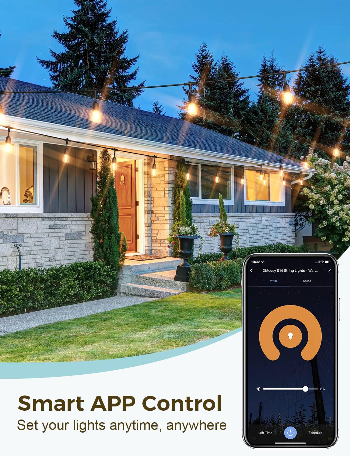 Outdoor String Lights, 98Ft Smart LED Patio Lights, Wifi Control, Compatible with Alexa, Waterproof Dimmable Edison String Lights for Outside, Porch