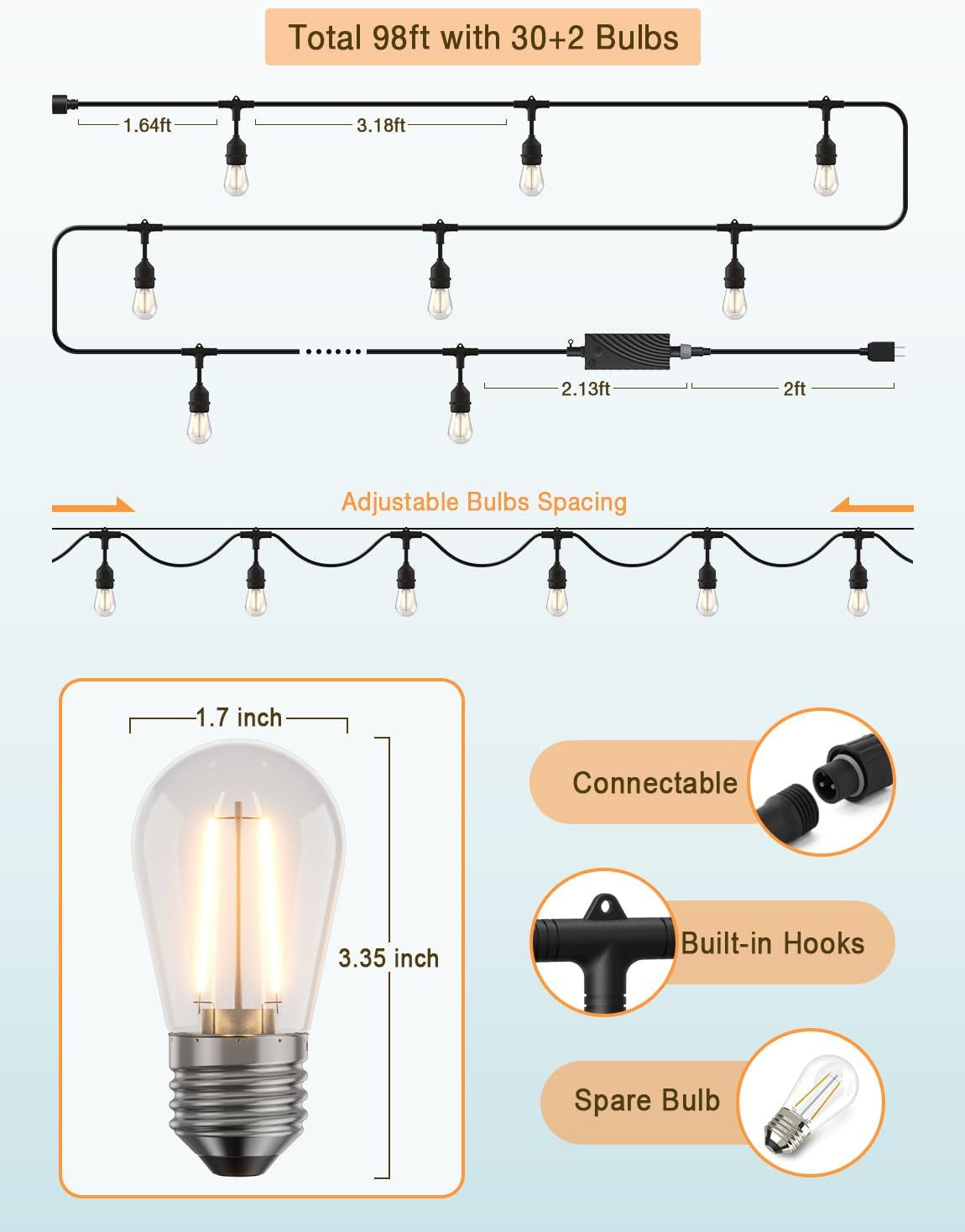 Outdoor String Lights, 98Ft Smart LED Patio Lights, Wifi Control, Compatible with Alexa, Waterproof Dimmable Edison String Lights for Outside, Porch