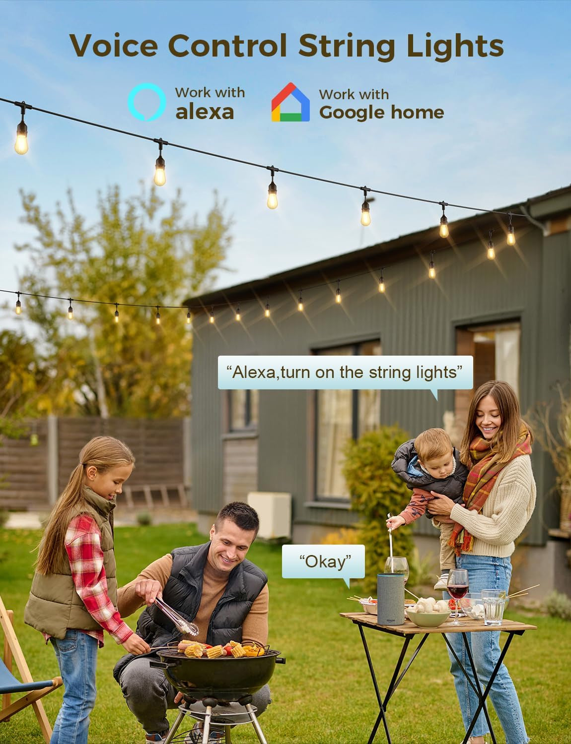 Outdoor String Lights, 98Ft Smart LED Patio Lights, Wifi Control, Compatible with Alexa, Waterproof Dimmable Edison String Lights for Outside, Porch