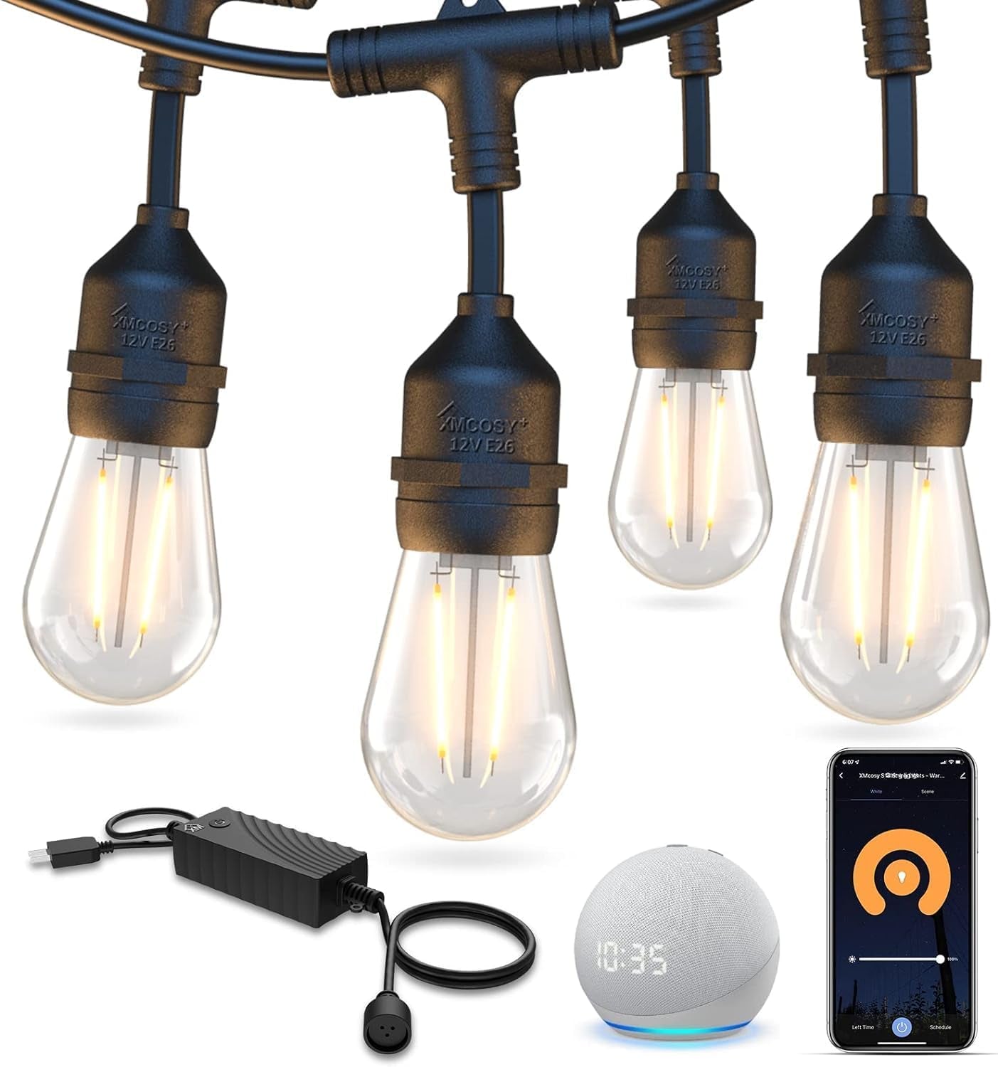 Outdoor String Lights, 98Ft Smart LED Patio Lights, Wifi Control, Compatible with Alexa, Waterproof Dimmable Edison String Lights for Outside, Porch