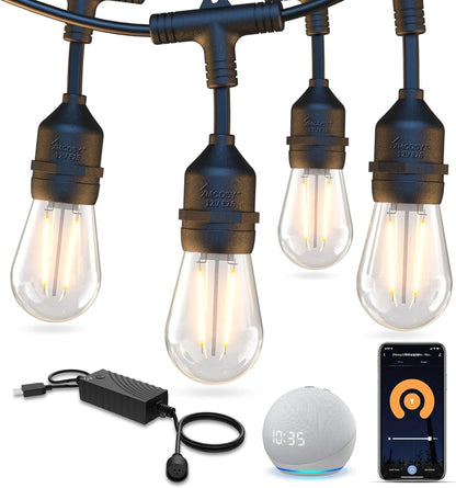 Outdoor String Lights, 98Ft Smart LED Patio Lights, Wifi Control, Compatible with Alexa, Waterproof Dimmable Edison String Lights for Outside, Porch