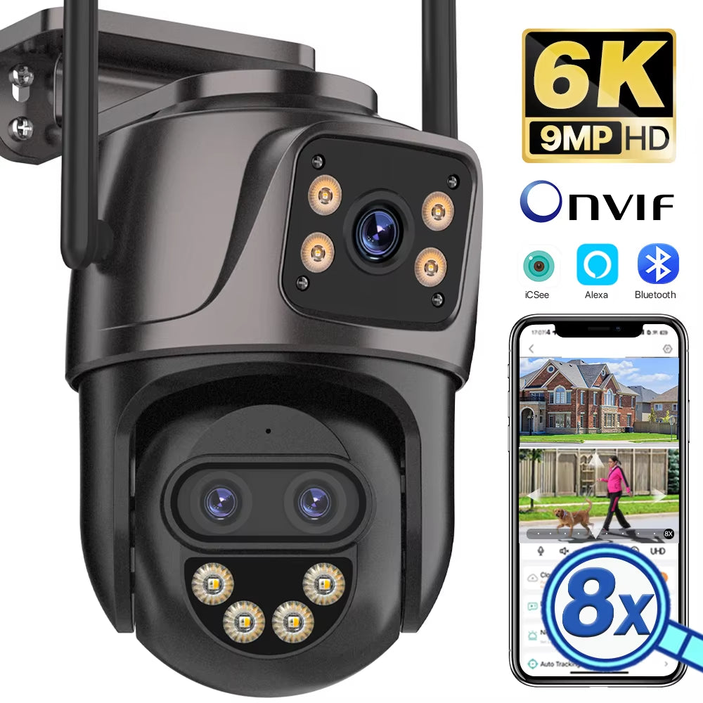 6K 9MP HD IP Camera Outdoor Three-Lens External Wifi Camera 4K 8MP Dual Screen Security PTZ Cam Auto Tracking Surveillance Icsee