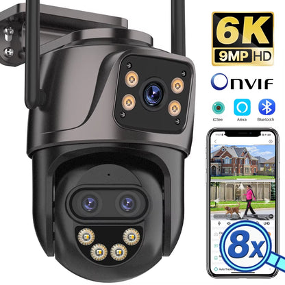 6K 9MP HD IP Camera Outdoor Three-Lens External Wifi Camera 4K 8MP Dual Screen Security PTZ Cam Auto Tracking Surveillance Icsee