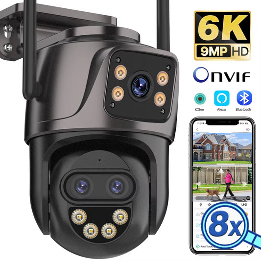 6K 9MP HD IP Camera Outdoor Three-Lens External Wifi Camera 4K 8MP Dual Screen Security PTZ Cam Auto Tracking Surveillance Icsee