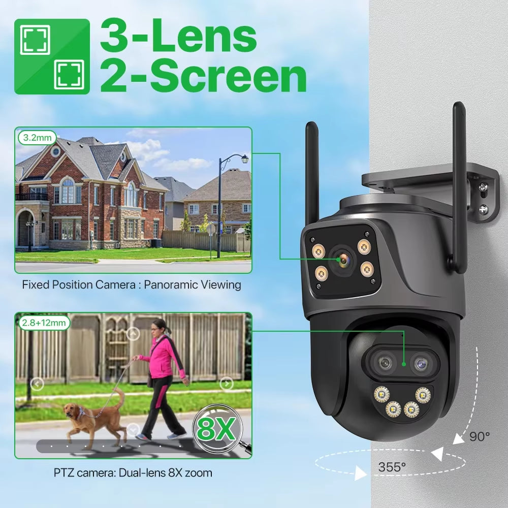 6K 9MP HD IP Camera Outdoor Three-Lens External Wifi Camera 4K 8MP Dual Screen Security PTZ Cam Auto Tracking Surveillance Icsee
